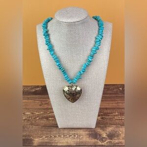 Atterri Turquoise Chip Bead Necklace with Antique-Style Heart Pendant